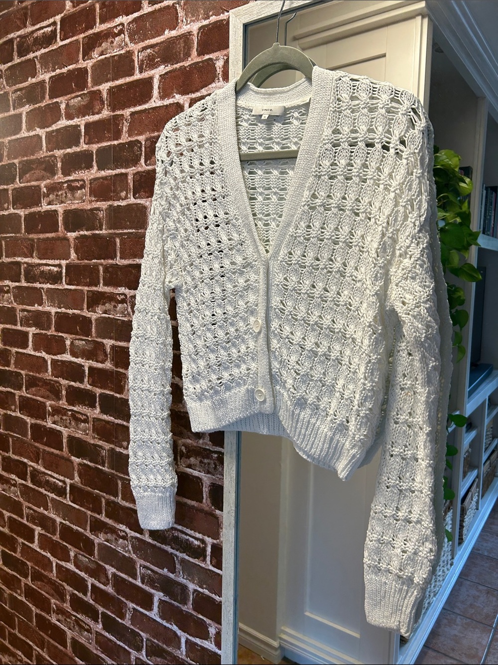VINCE - White Open-Knit V-Neck Cardigan Sweater